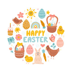 Cute set of Easter design elements arranged in circle, ready vector concept for a postcard with traditional symbols, eggs, rabbit, birds, cake. Illustration in flat hand drawn style