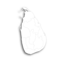 Sri Lanka political map of administrative divisions - provinces. Flat white blank map with thin black outline and dropped shadow.