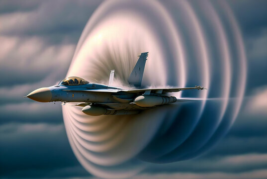 Supersonic aircraft breaking the sound barrier. Didactic and symbolic illustration. Generative AI