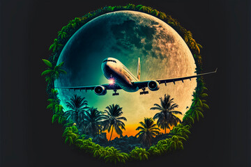 Airliner under the full moon, showing paradisiacal beaches with palm trees. Invites to relax and travel around the world. Generative AI