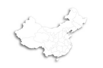 China political map of administrative divisions - provinces, autonomous regions and municipalities. Flat white blank map with thin black outline and dropped shadow.