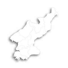 North Korea political map of administrative divisions - provinces. Flat white blank map with thin black outline and dropped shadow.