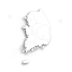 South Korea political map of administrative divisions - provinces, metropolitan cities, special city of Seolu and special self-governing cities of Sejong. Flat white blank map with thin black outline
