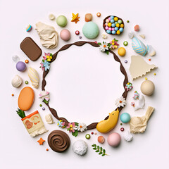empty circle frame made of easter objects, white background