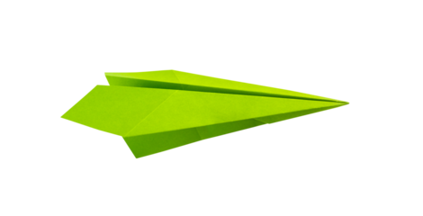 Green paper plane origami isolated on a white background