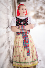 slovak folk costume. Young beautiful slovak woman in traditional dress. Slovak folklore