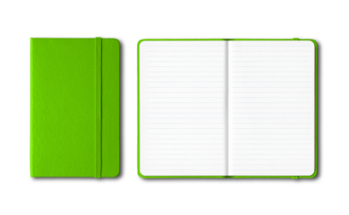 Green closed and open lined notebooks isolated on transparent background