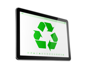 Digital tablet PC with a recycle symbol on screen. environmental conservation concept