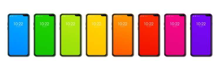 Rainbow colorful smartphone set banner. Isolated on transparent. 3D render