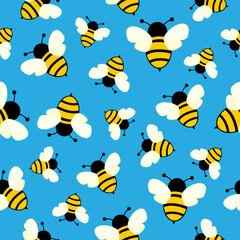 Simple flying bees on a bright blue background. Summer, spring, insect. Seamless pattern. Suit for wrapping paper, wallpaper.