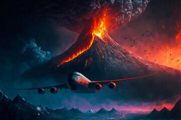 A plane in flight associated with an erupting volcano. A captivating image to illustrate the reversals of fate and the power of nature. Generative AI