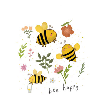 happy bee and flowers illustration watercolor