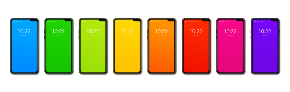 Rainbow colorful smartphone set banner. Isolated on transparent. 3D render