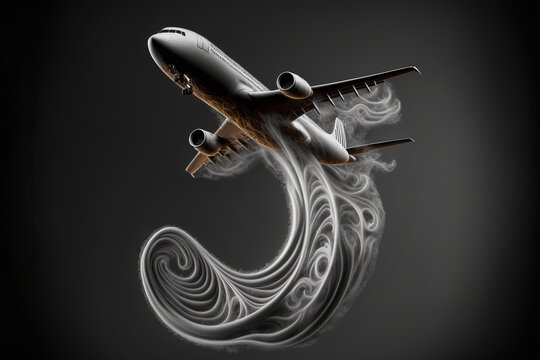 An airliner takes off and creates a stylized and elegant smoke by forming volutes. A striking illustration for an image that is both artistic and topical. Generative AI