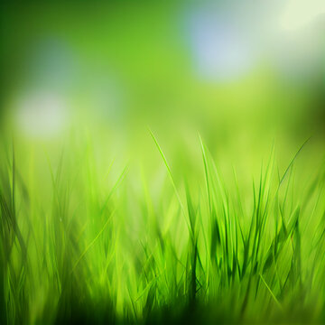Beautiful texture of green meadow grass with dew drops close up, abstract blur natural bokeh background - AI Generated Image