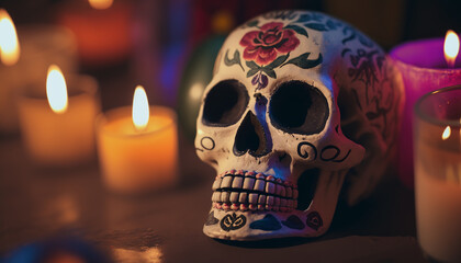 Day of the Dead skull with blur background. Generative AI