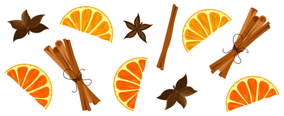 Seamless orange and cinnamon. Vector seamless pattern with orange slices, cinnamon sticks, star anise and cloves
