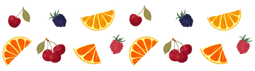 Set of fruits. Cherries, oranges, raspberries, blackberries on a white background. Brigt juicy Berris vector illustration