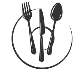 Set of fork and knife on a plate. Cutlery fork spoon and plate. vector sketch isolated	
