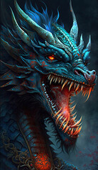 Fototapeta premium Amazing Fantasy Dragon head,A very detailed and horrible . Cover book. Generative Ai