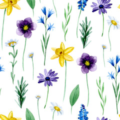 watercolor seamless pattern with wildflowers spring flowers on a white background.	
