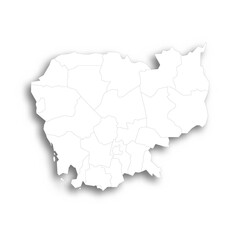 Cambodia political map of administrative divisions - provinces and autonomous municipality of Phnom Penh. Flat white blank map with thin black outline and dropped shadow.