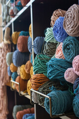Multicolored cotton balls of yarn and ropes for macrame on store shelves close up