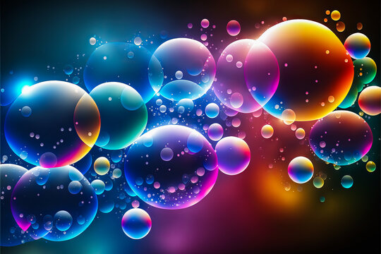 Translucent and multicolored soap bubbles create a light and magical universe. A bright image that captures the attention. Generative AI