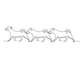 three abstract dogs stand in a row, the first leader and the leader, and the rear ones sniff each other under the tail, hand-drawn, continuous monoline, drawing in one line