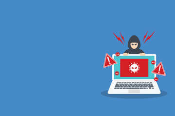 Hacker warning on laptop. Emergency alert of threat by hacker. Malware notification with virus icon. Hacking concept.