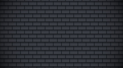 Black glossy brick wall with ceramic rectangle tiles pattern horizontal background. Home interior, bathroom and kitchen wall repeat texture. Vector elegant dark shiny brickwall background