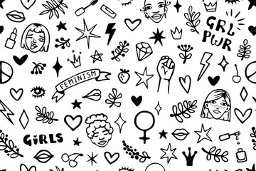 Vector seamless pattern with hand drawn elements on feminism theme: faces, raised fist, slogans, symbols, lips, hearts, branches and stars. - 571848914