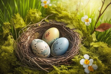 Obraz premium painted easter eggs in a birds nest, spring time and colors. AI Generated
