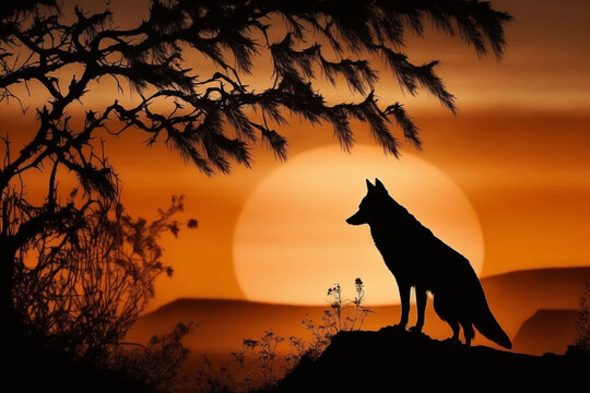 Silhouette sunset wolf, illustration, wild animals, art, generative ai