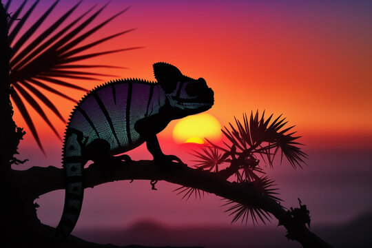 Silhouette sunset chameleon, illustration, wild animals, art, generative ai
