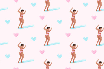 Surfer Girl Surfing Bikini Patterns Background 