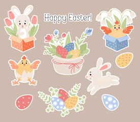 Easter Spring collection stickers. Cute paschal animals, bunny, chick, basket with eggs and flowers. Vector illustration. Isolated elements in flat cartoon style for design, kids collection, print.