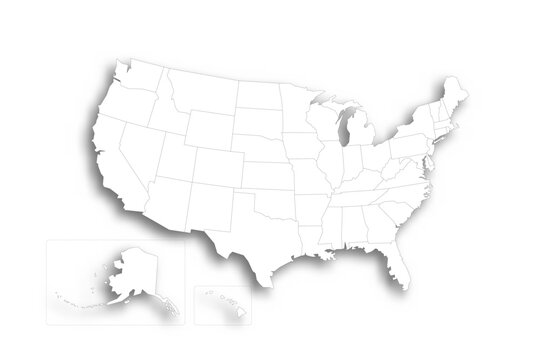 United States of America political map of administrative divisions - states and federal district Washington, D.C. Flat white blank map with thin black outline and dropped shadow.