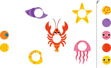Cut and glue game for kids. Cute sea animals.