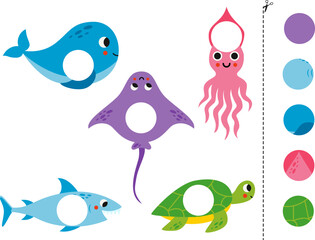 Cut and glue game for kids. Cute sea animals.
