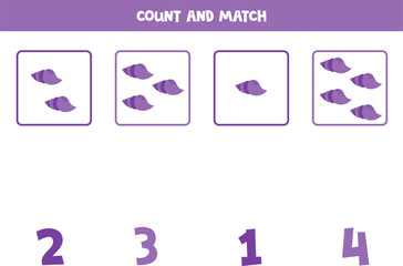 Counting game for kids. Count all purple sea shells and match with numbers. Worksheet for children.
