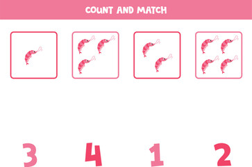 Counting game for kids. Count all pink shrimps and match with numbers. Worksheet for children.