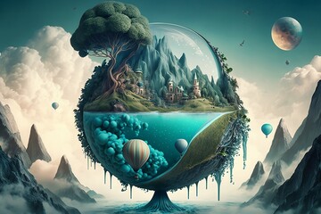 Surreal Float Landscape with Waterfall Paradise Made with Generative AI