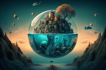 Surreal Float Landscape with Waterfall Paradise Made with Generative AI