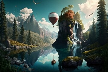 Surreal Float Landscape with Waterfall Paradise Made with Generative AI