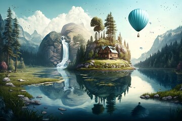 Surreal Float Landscape with Waterfall Paradise Made with Generative AI