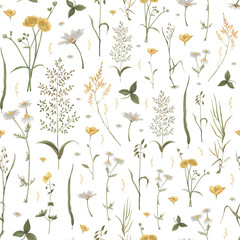 Watercolor pattern wildflowers, dark background light, chamomile	