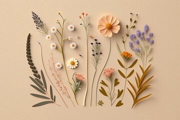 Flat Lay Creative Illustration Concept of Fresh Field Spring Flowers Made with Generative AI