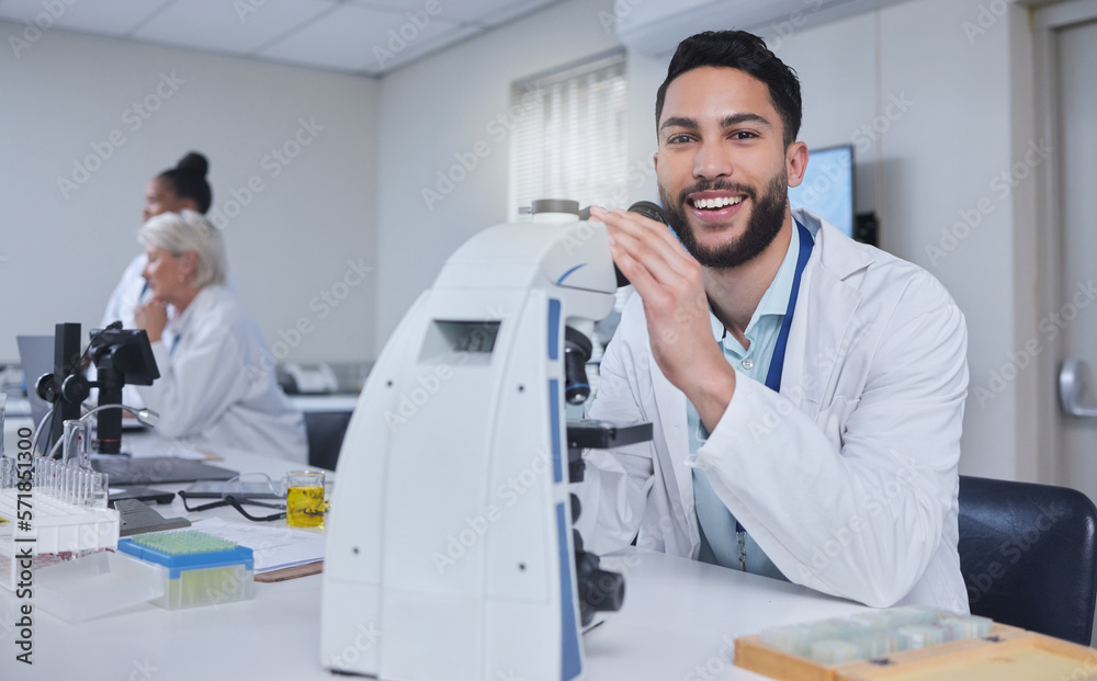 Aufkleber Man, microscope and portrait of scientist in laboratory for research, experiment or innovation. Science, technology or smile of happy male doctor with medical equipment for sample analysis or testing