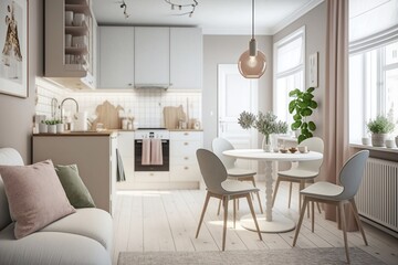 Warm Pastel White and Beige Colors Are Used in the Interior Design of the Spacious Made with Generative AI